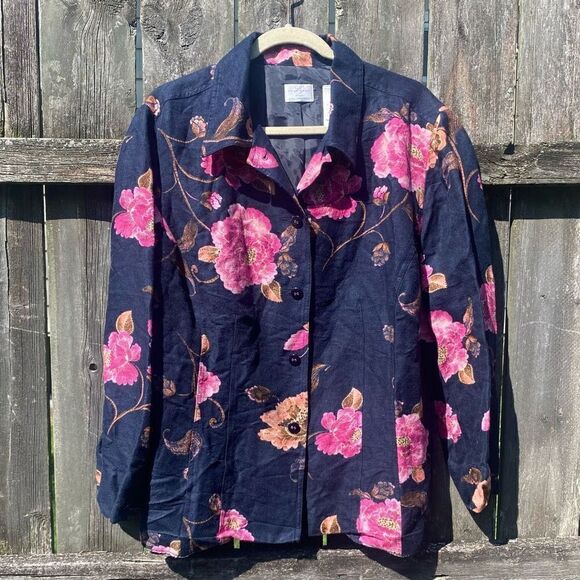 Emma James Floral Button Down Shacket Navy Pink | 18 - Picture 1 of 3